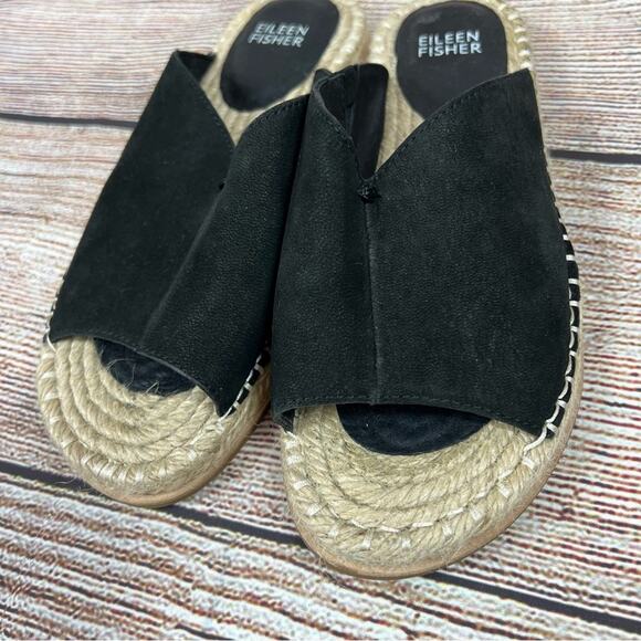 Eileen Fisher Milly Black Tumbled Nubuck Leather Espadrille Sandal Size 6.5 - Picture 3 of 12